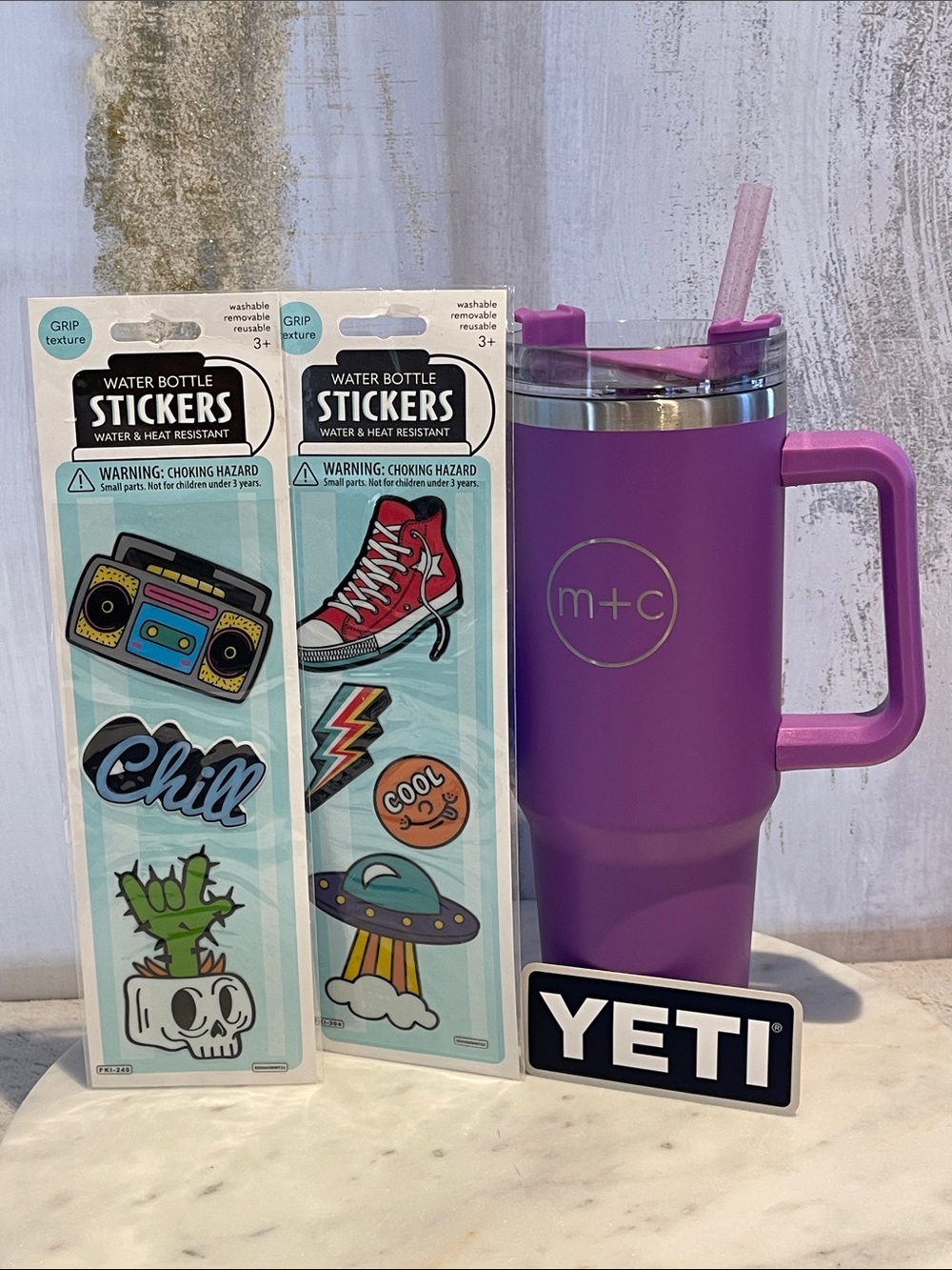 M+C  40 oz. Purple Tumbler with Straw - included 7 stickers + YETI Sticker
